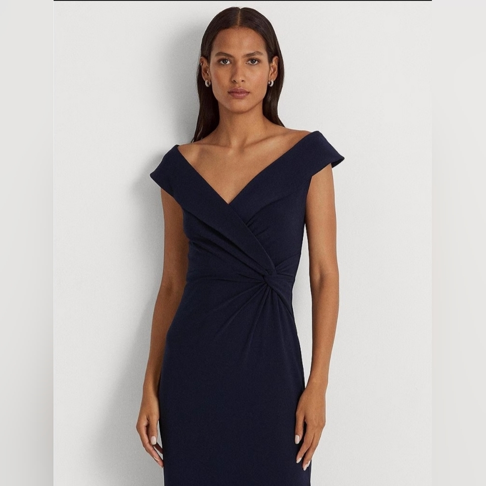 NWT Lauren Ralph Lauren Navy Portrait Collar Cap Sleeve Crepe Sheath Gown - Picture 5 of 6
